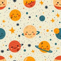 Cute seamless pattern with smiling planets and stars in retro colors perfect for children's room decor, textile design, wrapping paper, and nursery wallpaper. Playful cosmic theme on beige background.