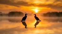 Two cormorants perched on shallow water at sunrise, silhouetted against golden sky and mist. Wildlife and nature photography for editorial and design use.