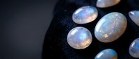 Luminous opal gemstones with iridescent rainbow fire displaying blue pink purple hues on dark textured surface for luxury jewelry design and precious stone collection.