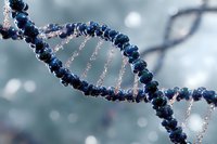 Dark blue DNA helix structure with crystalline connections on blurred background, scientific genetic research visualization showing molecular bonds and strands.
