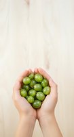 Caucasian hands holding fresh green gooseberries on light wooden background. Suitable for organic produce, healthy eating, farm-to-table, and nutrition content.