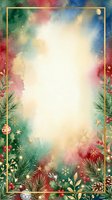 Festive watercolor frame with evergreen branches, ornaments, and gold stars on colorful gradient background. Central white space ideal for holiday cards, invitations, and seasonal designs.