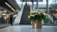 Elegant floral arrangement in metallic planter at modern shopping mall with escalators in background, creating welcoming atmosphere for retail space.