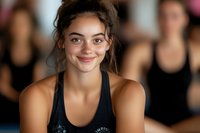 Young athletic woman smiling during fitness class with group of people exercising in background at gym or studio.