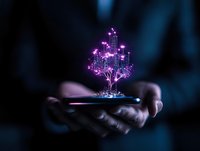 Glowing purple hologram tree emerging from smartphone screen in dark environment, with magical sparkles and digital particles creating futuristic atmosphere.