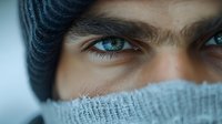Close up portrait of young middle eastern man with intense blue eyes wearing winter beanie and gray scarf covering lower face, looking mysteriously at camera.
