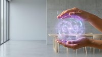 Hands protecting glowing purple holographic yin yang symbol in modern office space representing balance harmony and spiritual energy protection.