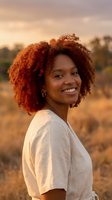 Happy young African American woman with curly hair smiling outdoors during golden hour sunset in natural field setting for lifestyle photography.