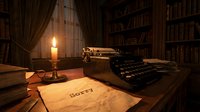 Vintage library desk with old typewriter, burning candle, and sorry note on aged paper in warm candlelight, evoking mystery and nostalgia.