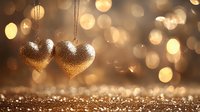 Golden heart ornaments hanging against blurred bokeh lights background with glitter sparkles, creating romantic festive atmosphere for Valentine's Day or holiday decor.