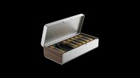 Elegant metal and wood storage box with tools inside, open lid, isolated on transparent background. Great for clipart, stickers, print on demand, and t-shirt design.