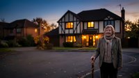 Senior woman with walking stick standing outside Tudor-style house at sunset in residential neighborhood with warm glowing windows and evening sky.