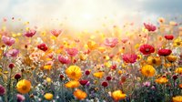 Pink and yellow poppies blooming in meadow at sunrise with golden sunlight and morning dew, dreamy floral landscape with wildflowers in soft focus.