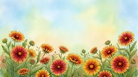 Watercolor blanket flowers blooming in meadow with soft pastel sky background. Natural botanical illustration for spring summer designs and home decor projects.