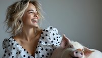 Young blonde woman in polka dot dress laughing joyfully while playing with pink pig, expressing genuine happiness and playful connection with farm animal.