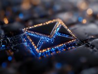 Glowing envelope symbol with blue and gold light effects on dark background, digital communication concept for email marketing and messaging services.