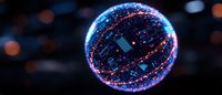 Glowing sphere with futuristic circuit patterns emits blue and red light against dark background, creating technological energy visualization for digital concepts.