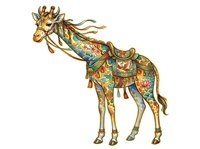 Ornate giraffe with decorative saddle and flowing mane featuring gold, turquoise, and coral patterns. Isolated clipart suitable for textiles, apparel design, and creative projects.
