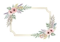 Watercolor floral frame with pink flowers, lavender sprigs, and green foliage arranged in corners with gold border for invitations and greeting cards.