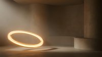 Glowing neon oval ring light on concrete floor in empty room with warm ambient lighting, suitable for modern design and tech backgrounds.