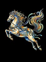 Ornate leaping horse with flowing mane in blue and gold tones, isolated on transparent background, ready for stickers, t-shirt design, and print on demand.