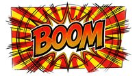 Comic book explosion with BOOM text in bold red letters surrounded by yellow and orange burst rays and black action lines on white background.