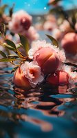 Fresh peaches and delicate pink blossoms floating in crystal clear water with water drops and reflections against blue sky, creating dreamy summer mood.