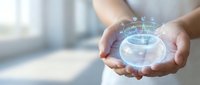 Hands holding glowing digital hologram sphere with futuristic interface elements and light effects for technology and innovation concepts.