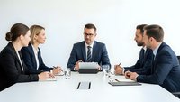 Professional business team meeting with diverse executives discussing strategy around conference table in modern office boardroom.