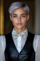 Young person with short silver hair wearing formal attire including white lace blouse, black leather vest and decorative bow tie. Soft lighting creates elegant portrait atmosphere.