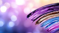 Vibrant curved brush strokes in purple, blue, and brown colors against blurred bokeh background create dynamic abstract composition for modern wall art and design projects.