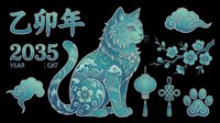 Teal Chinese zodiac cat set for 2035 year, floral swirl patterns, lantern, clouds, blossom branch, paw print, isolated on transparent background for stickers, sublimation, clipart.