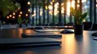 Modern workspace at sunset with laptop, notebook and small potted plant on dark desk, warm bokeh lights in background creating cozy atmosphere.