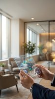 Businessman hands holding transparent tablet displaying financial data analytics charts and graphs in modern office interior for business technology.
