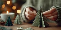 Person crafting handmade paper Christmas trees on wooden table with candles and bokeh lights creating cozy holiday atmosphere.