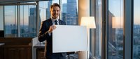 Professional businessman in dark suit holding blank white sign in modern office with city skyline view through windows during golden hour lighting.