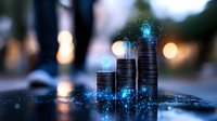 Stacks of coins with glowing blue digital elements and particles, representing financial growth and digital currency on dark background with bokeh lights.