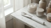 Minimalist skincare routine setup with cream jars and cosmetic spatula on marble surface near window with natural lighting for beauty and wellness.