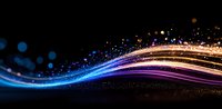 Glowing wavy lines with sparkles and light trails against dark background create dynamic motion effect with blue, purple and golden colors flowing seamlessly.