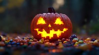 Carved jack-o-lantern pumpkin with glowing yellow face surrounded by colorful candies and autumn leaves, perfect for seasonal and holiday marketing materials.