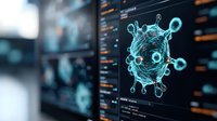 Glowing blue virus cell visualization on computer screen with medical data interface and digital analytics display in dark laboratory environment.