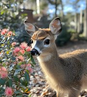 Mule deer doe with tan and brown coat grazing on pink flowering plants in sunny garden setting with blurred residential background, wildlife in suburban environment.