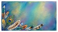Watercolor feathers arrangement with peacock and bird feathers on vibrant teal, purple, and gold background with copy space for text.