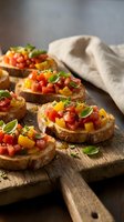 Toasted bread slices topped with diced red and yellow tomatoes, fresh basil leaves, and olive oil on wooden serving board, ready for appetizer or snack preparation.