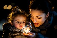 Young Hispanic mother and curly-haired toddler boy holding glowing sparklers at night, faces illuminated by warm magical light creating intimate family moment.