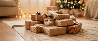 Young tabby kitten surrounded by wrapped kraft paper gift boxes with gold ribbons and bows on wooden floor, decorated living room with Christmas tree and warm lights in background, holiday season celebration.