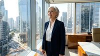 Mature woman with gray hair, Caucasian ethnicity, wearing professional navy blazer and white blouse, standing in modern high-rise office with floor-to-ceiling windows overlooking urban cityscape, suitable for corporate, business leadership, and professional services marketing.