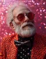 Senior man with white beard wearing round red-tinted sunglasses, polka dot orange blazer and sequined bow tie against pink bokeh background for fashion and lifestyle content.