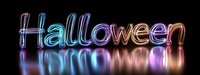 Glowing neon Halloween text with colorful reflection on dark surface creates spooky festive atmosphere. Modern design for seasonal holiday decoration.