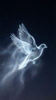 Glowing ethereal dove made of light and smoke soaring through a dark starry sky, symbolizing peace, freedom, and spirituality.